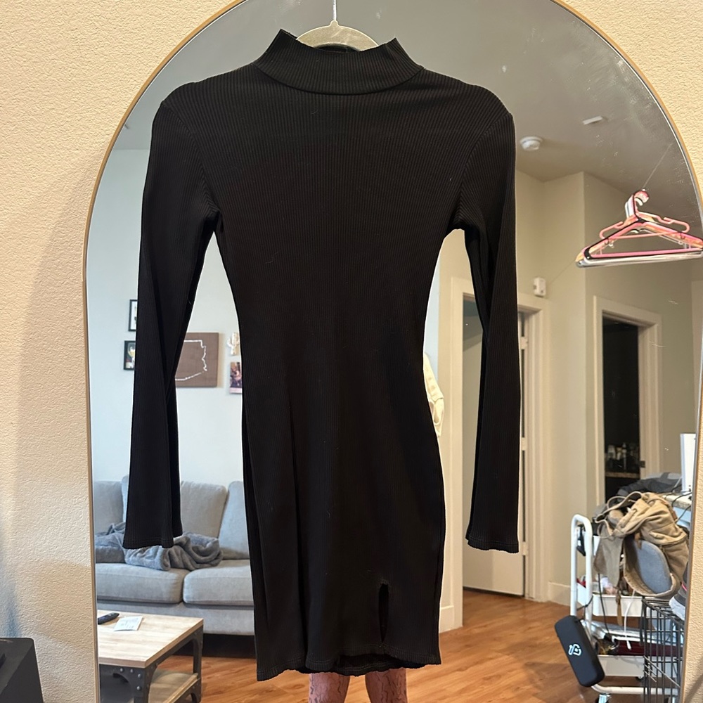 Lulu’s Sweet Season Black Ribbed Mock Neck Long Sleeve Bodycon Dress